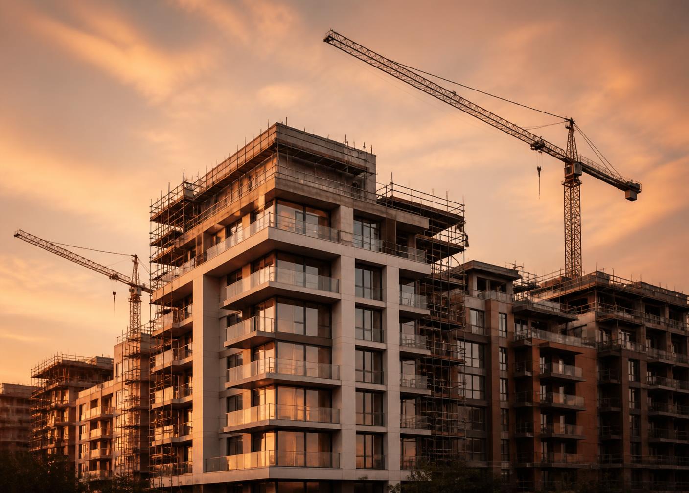 Nuevo desarrollo residencial en construcción al atardecer