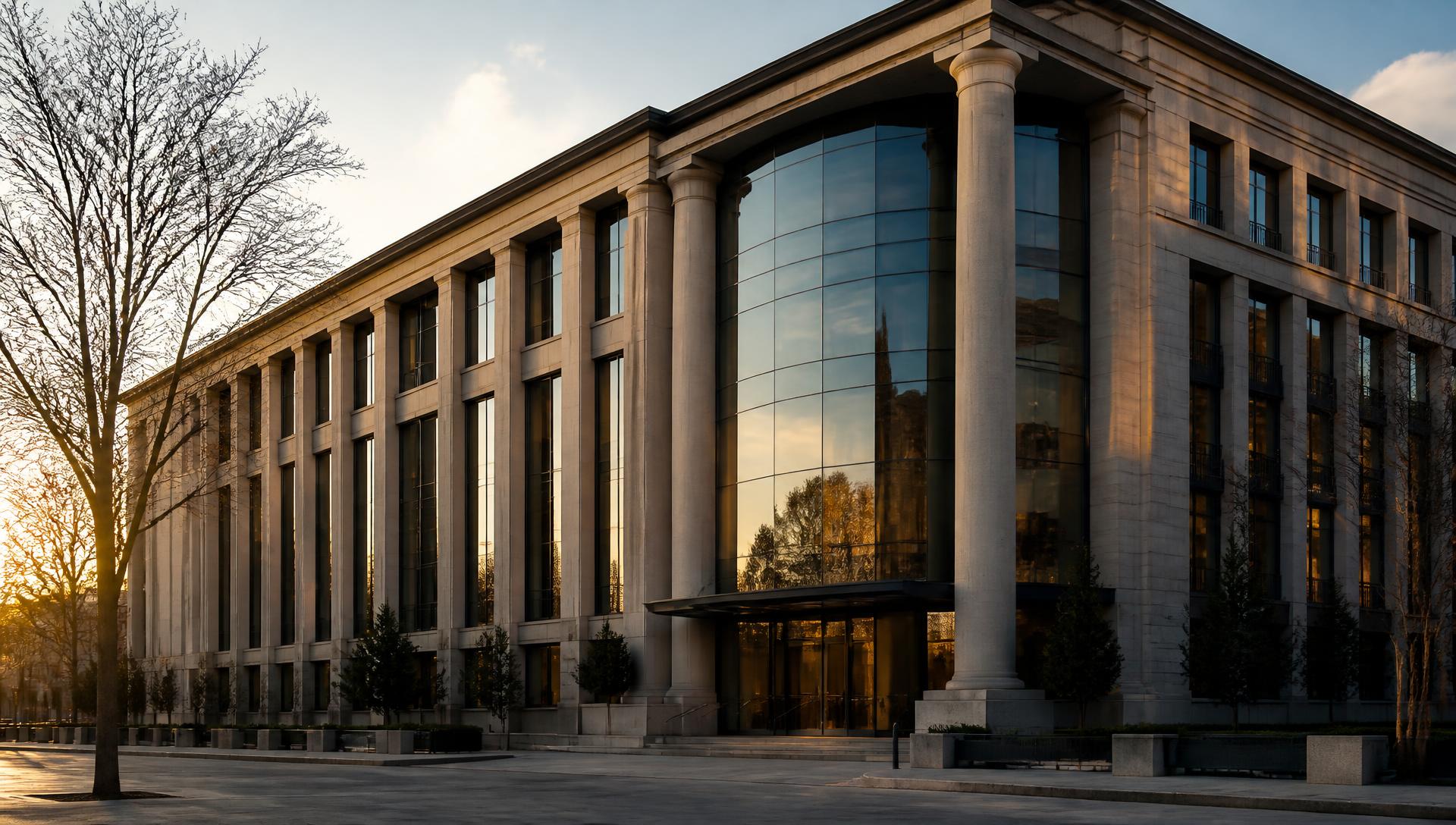 Institutional corporate building facade in Madrid at golden hour